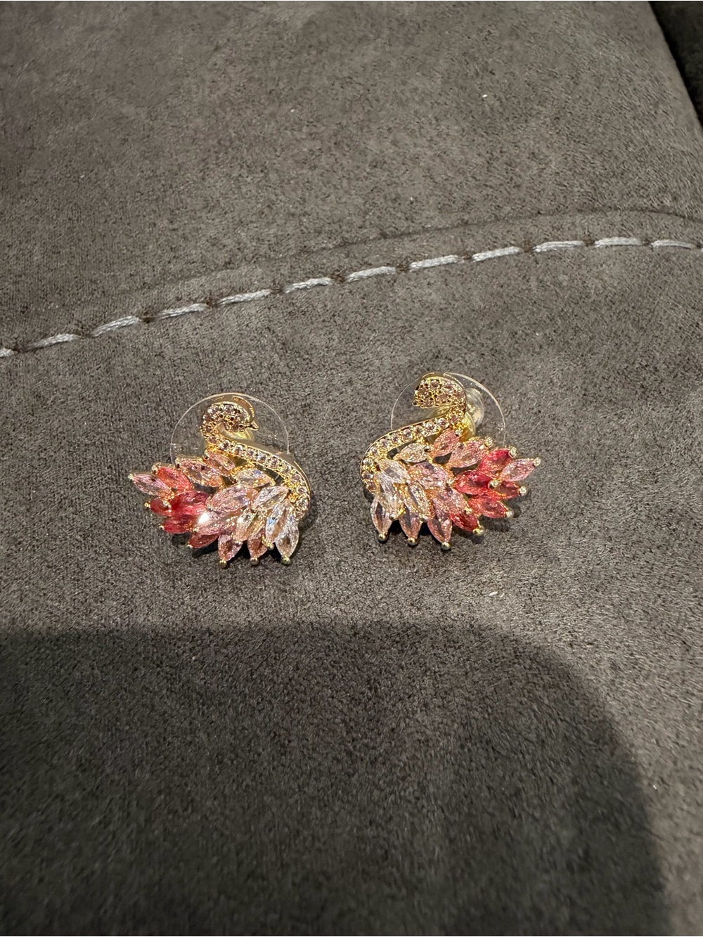 Gold-Plated Pink and Clear Crystal Leaf Cluster Stud Earrings